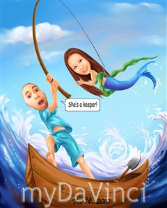 What a Catch Fishing Couple Romance Caricature from Photos