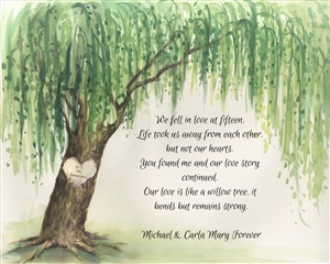 Custom Watercolor Print of Weeping Willow with Your Text for Wedding and Anniversary