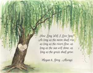 Custom Watercolor Print of Weeping Willow with Your Text for Wedding and Anniversary