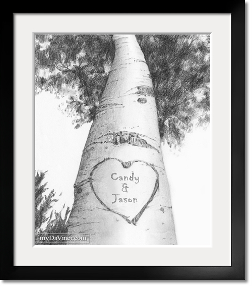 Love Birch Tree Pencil Sketch Print With Custom Text For