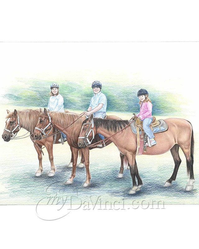 Custom drawing popular horse & rider colored pencil portrait